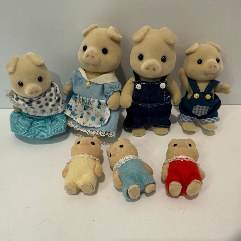 Calico Critters Vintage Pig Family with Triplets - gently played with